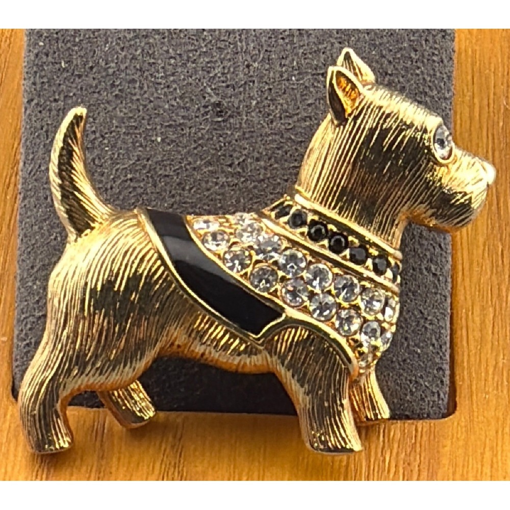 Vintage Swarovski Scottie Dog Brooch Gold Tone Crystal Black Enamel Signed 1.5"